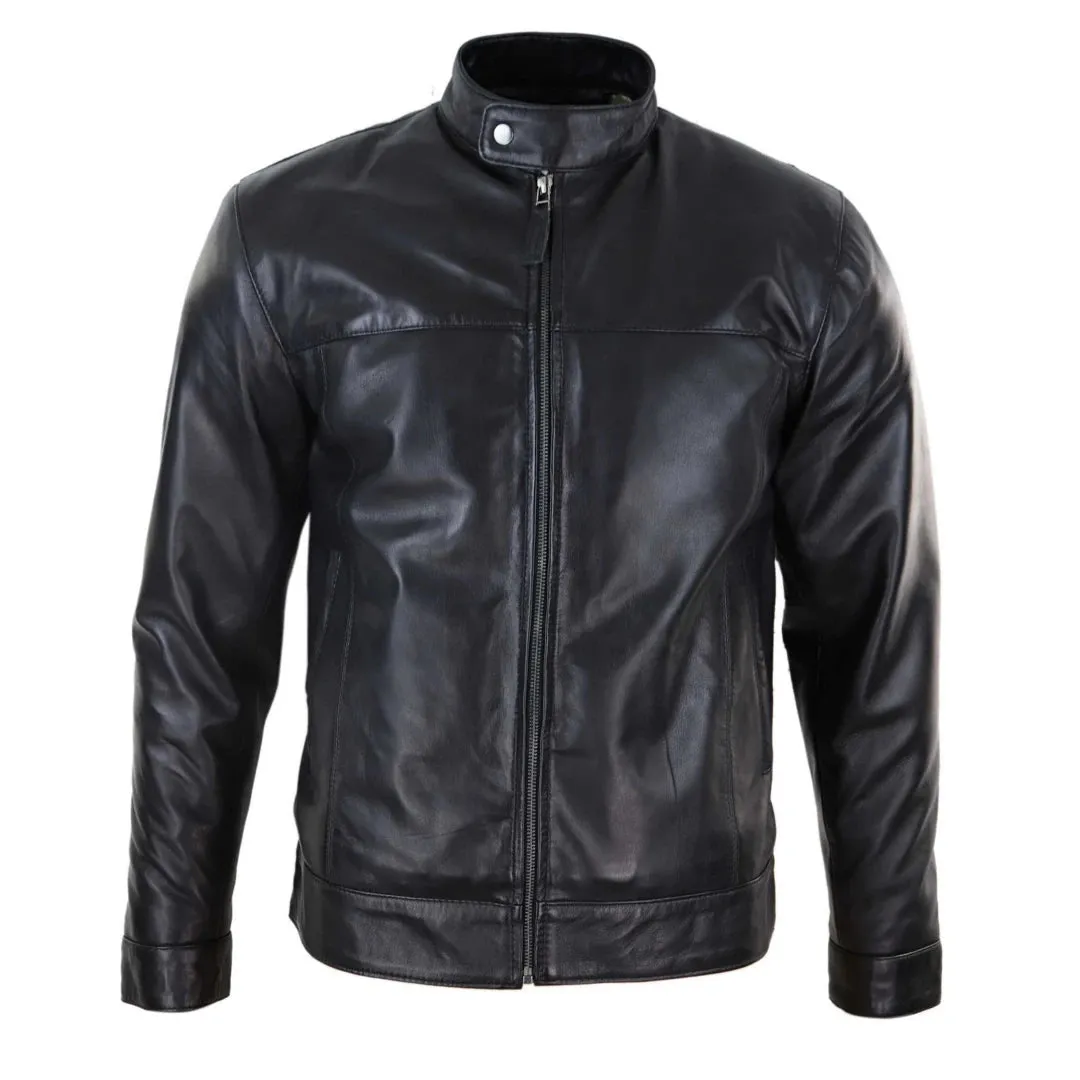 Men's Classic Zip Leather Jacket Nehru Grandad Collar Biker Style sold by Tru Clothing