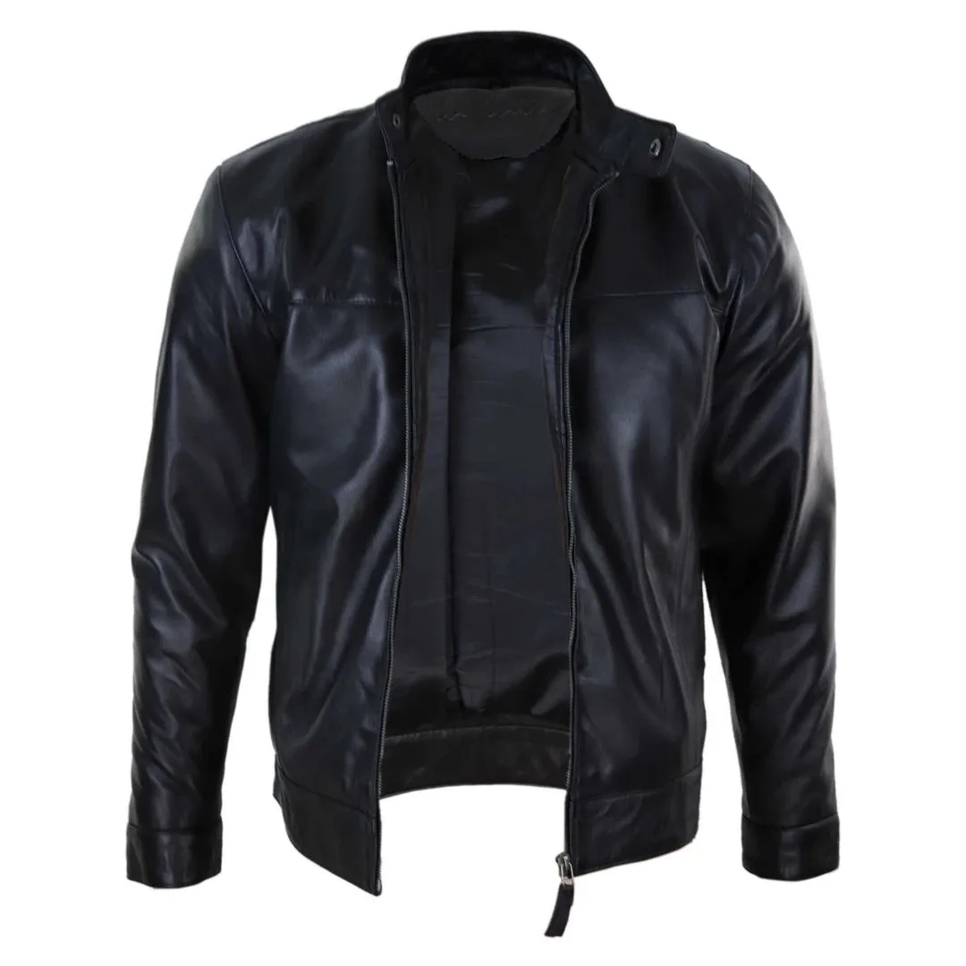 Men's Classic Zip Leather Jacket Nehru Grandad Collar Biker Style sold by Tru Clothing product image thumbnail 3