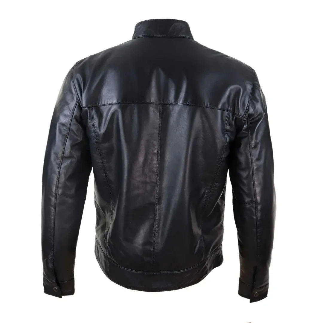 Men's Classic Zip Leather Jacket Nehru Grandad Collar Biker Style sold by Tru Clothing product image thumbnail 5