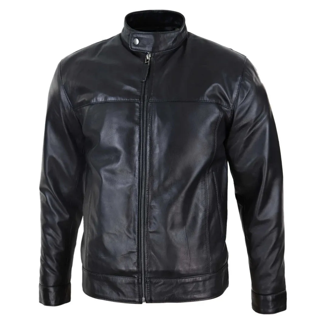 Men's Classic Zip Leather Jacket Nehru Grandad Collar Biker Style sold by Tru Clothing product image thumbnail 2