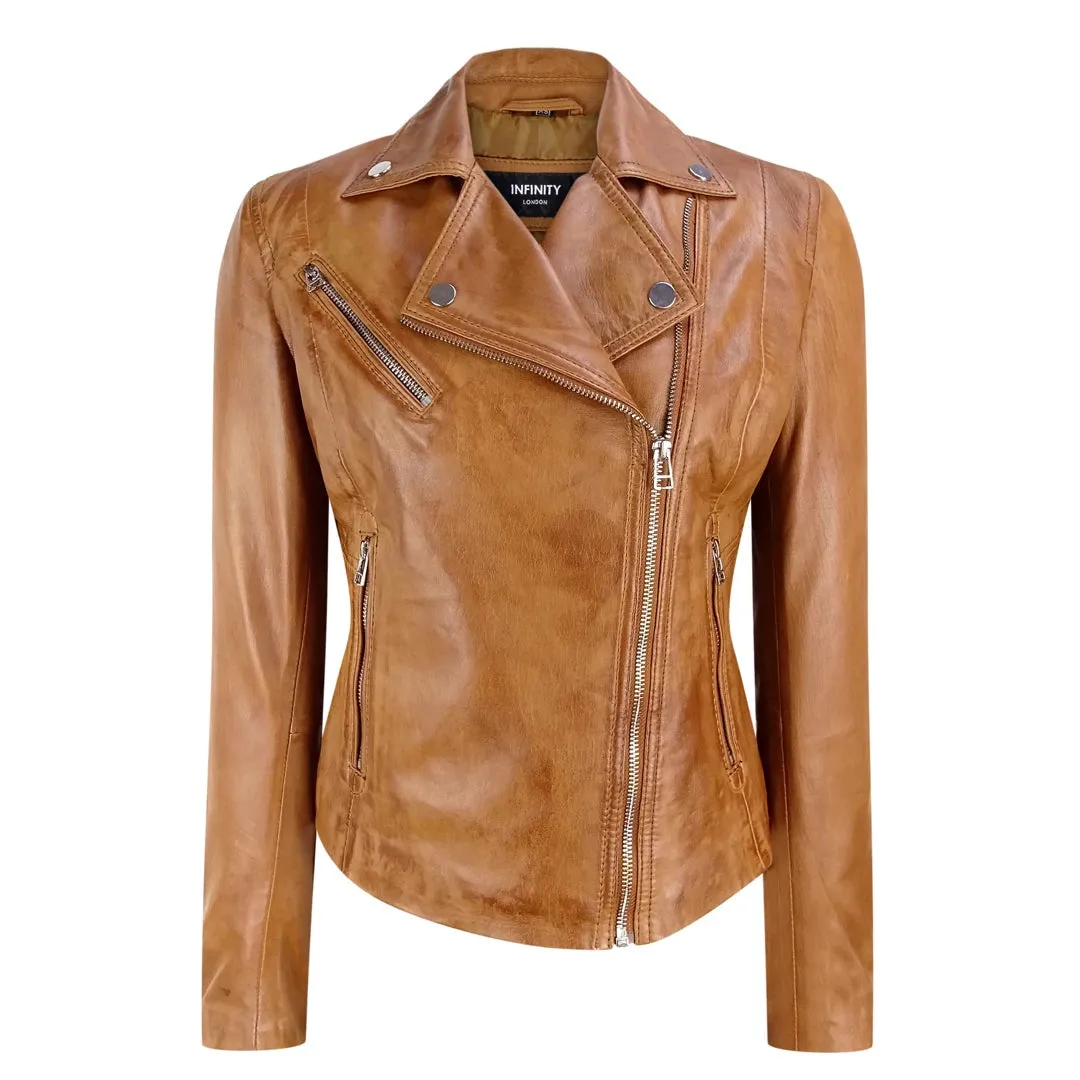Infinity Women's Brando Tan Biker Soft Nappa Leather Jacket sold by Tru Clothing