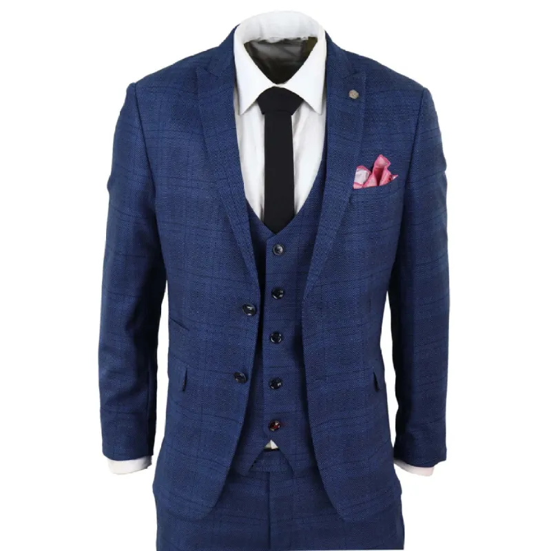 Jerry - Men's Marc Darcy 3 Piece Suit Blue Prince Of Wales Black Check sold by Tru Clothing