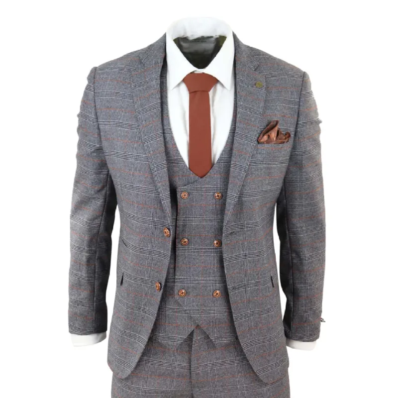 Jenson - Grey Tweed 3 Piece Suit Prince Of Wales Check Double Breast Waistcoat sold by Tru Clothing