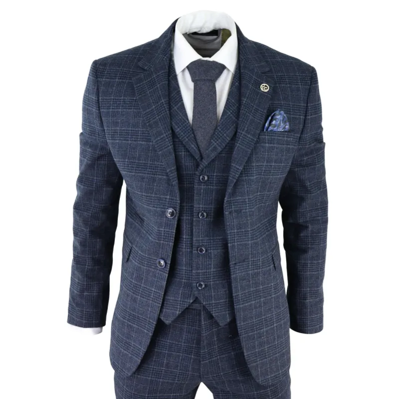 AK-13 - Men's Tweed 3 Piece Suit Blue Check 1920s Gatsby Blinders sold by Tru Clothing