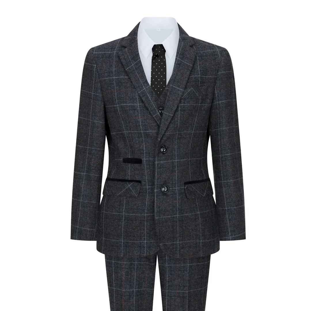 Harvey - Boys Grey Black 3 Piece Tweed Suit Herringbone Wine sold by Tru Clothing