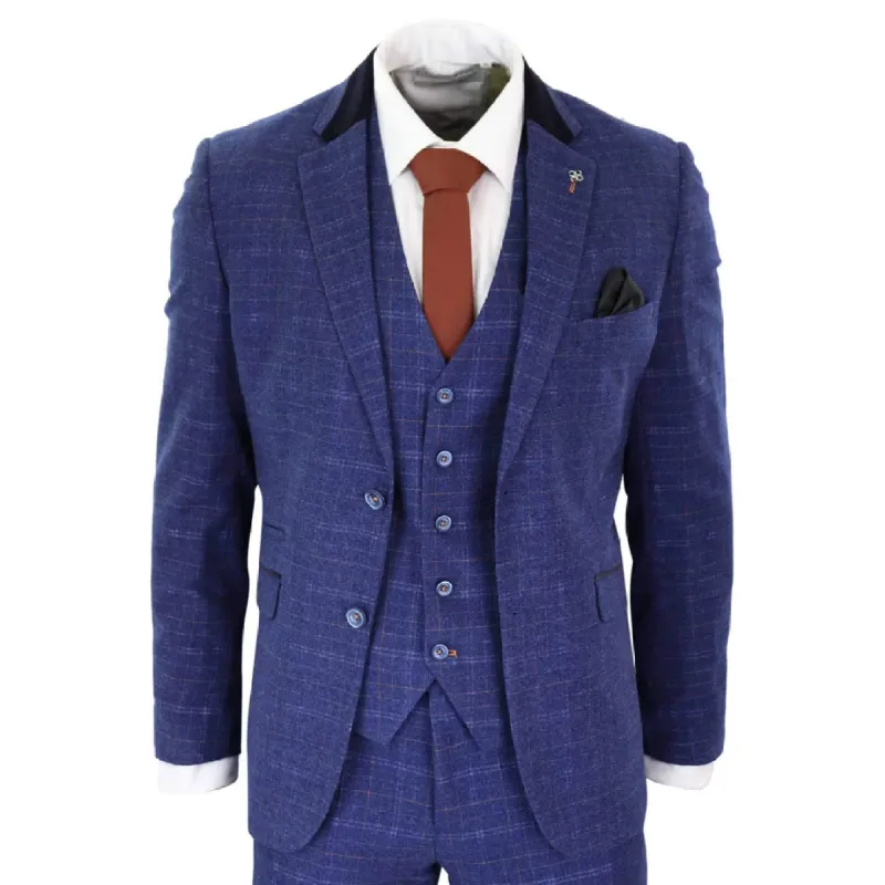 Kaiser - Men's Blue Tweed Check 3 Piece Suit Classic 1920's sold by Tru Clothing