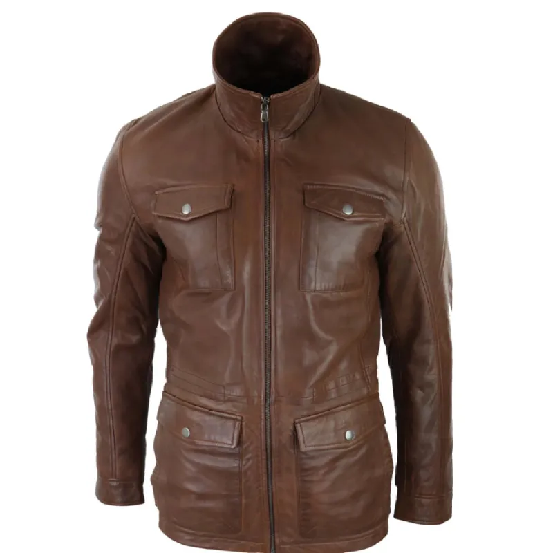 Men's Tan Brown 3/4 Jacket Leather Safari Hunting Country Coat Classic sold by Tru Clothing
