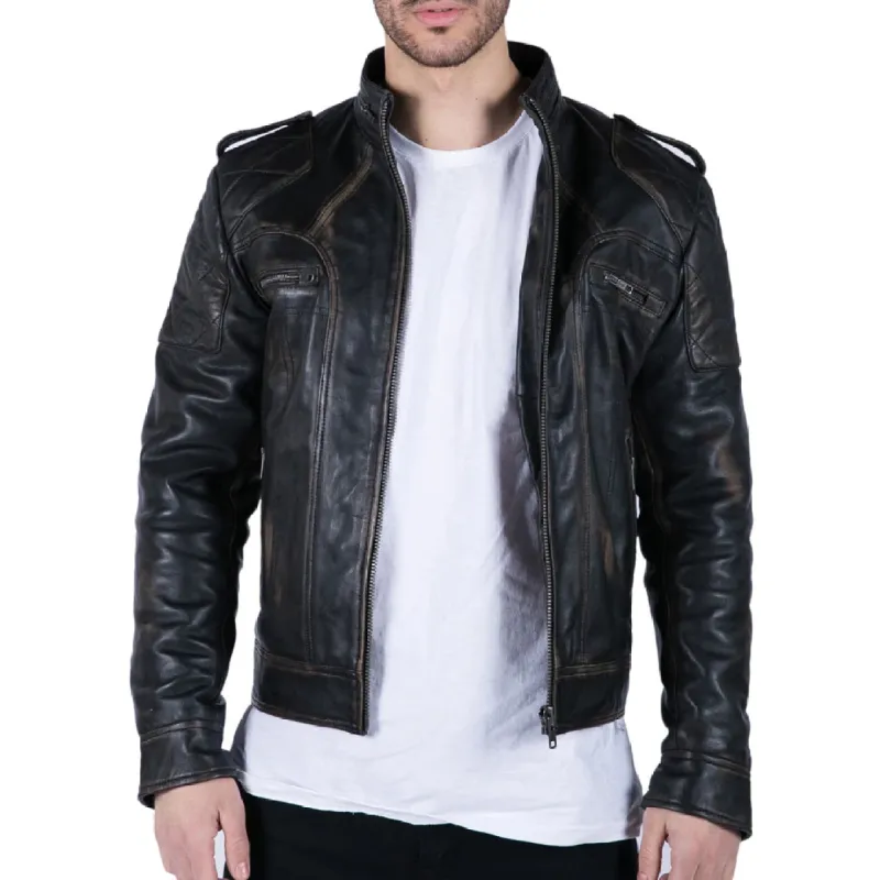 Men's Leather Black Brown Washed Racer Jacket Biker Zipped Slim sold by Tru Clothing