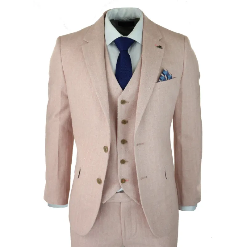 SW065522 - Men's Herringbone Tweed 3 Piece Suit Pink Blush Short Reg Long sold by Tru Clothing
