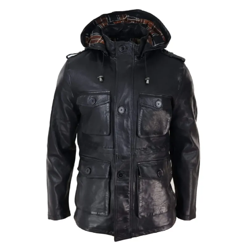 Men's 3/4 Long Leather Duffle Jacket Coat Safari Detachable Hood Military sold by Tru Clothing