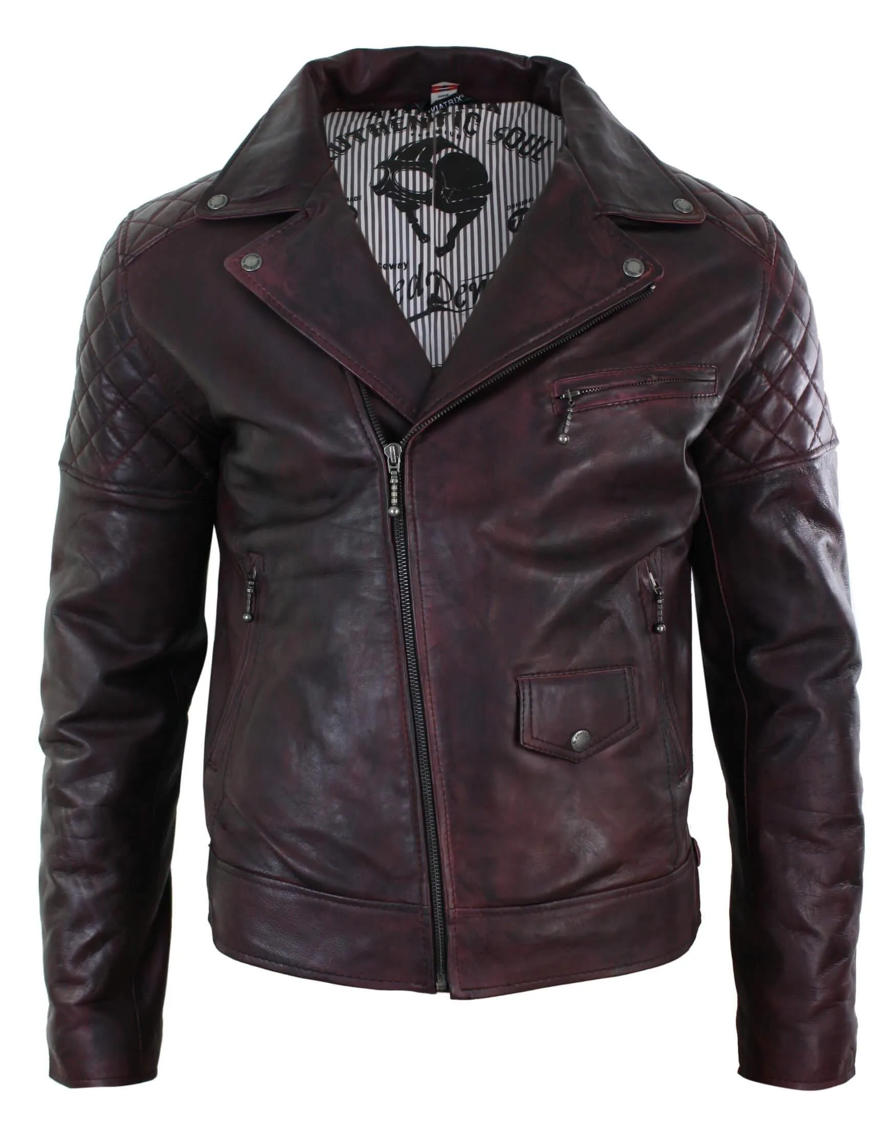 Men's Washed Brown Black Leather Biker Jacket Cross Zip sold by Tru Clothing product image thumbnail 4