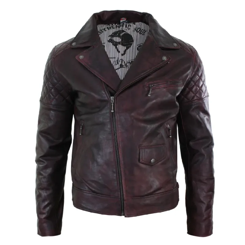 Men's Washed Brown Black Leather Biker Jacket Cross Zip sold by Tru Clothing