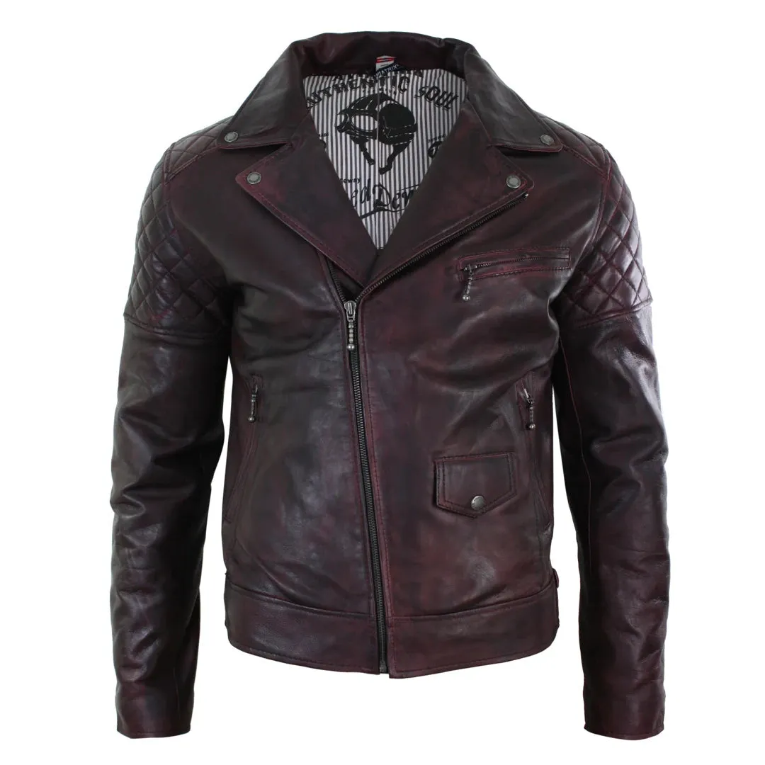 Men's Washed Brown Black Leather Biker Jacket Cross Zip sold by Tru Clothing