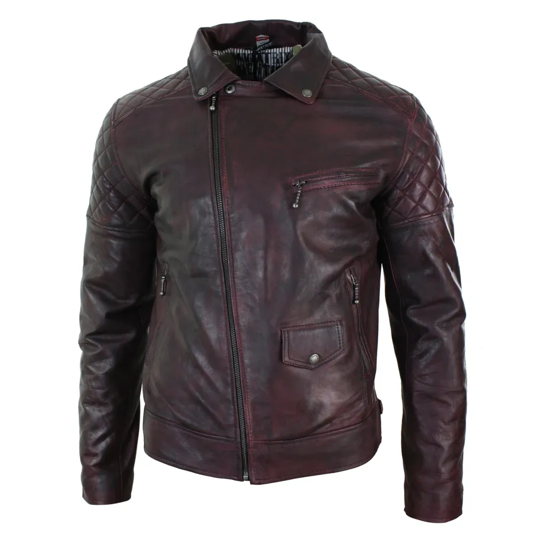 Men's Washed Brown Black Leather Biker Jacket Cross Zip sold by Tru Clothing product image thumbnail 3