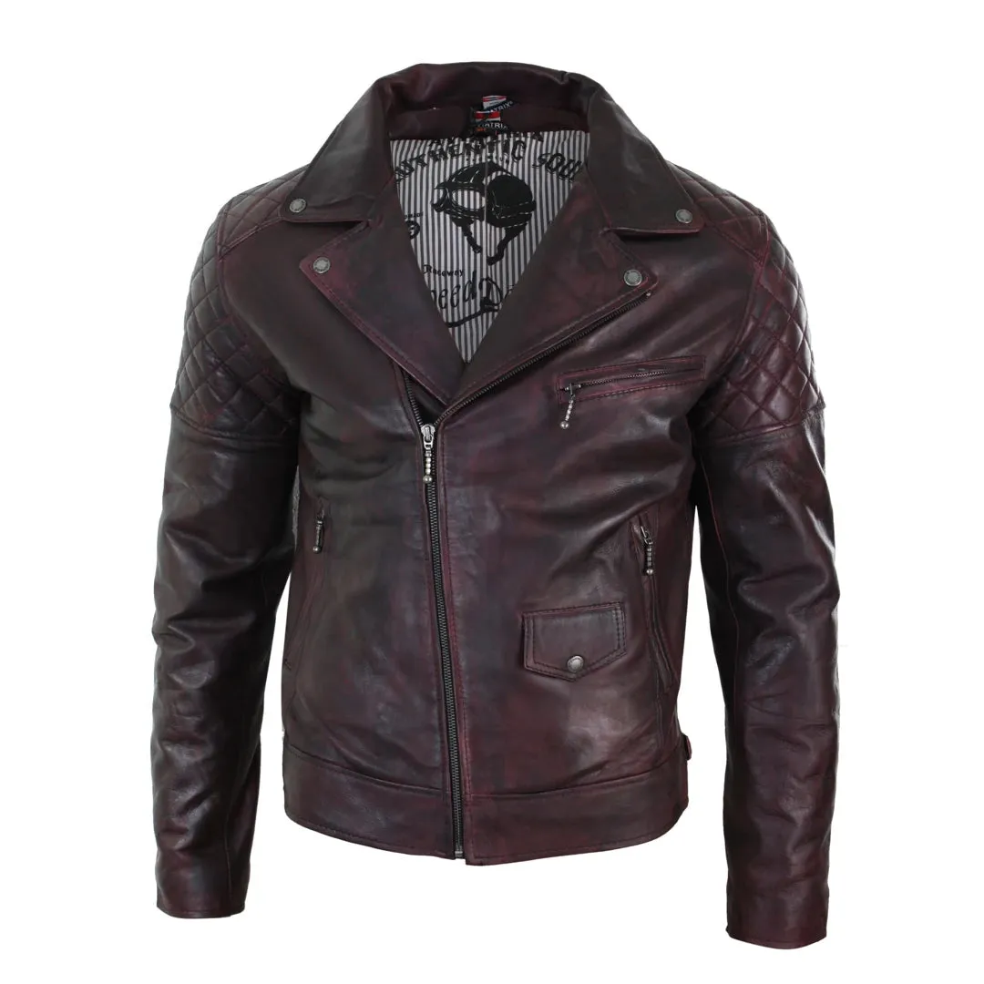 Men's Washed Brown Black Leather Biker Jacket Cross Zip sold by Tru Clothing product image thumbnail 2