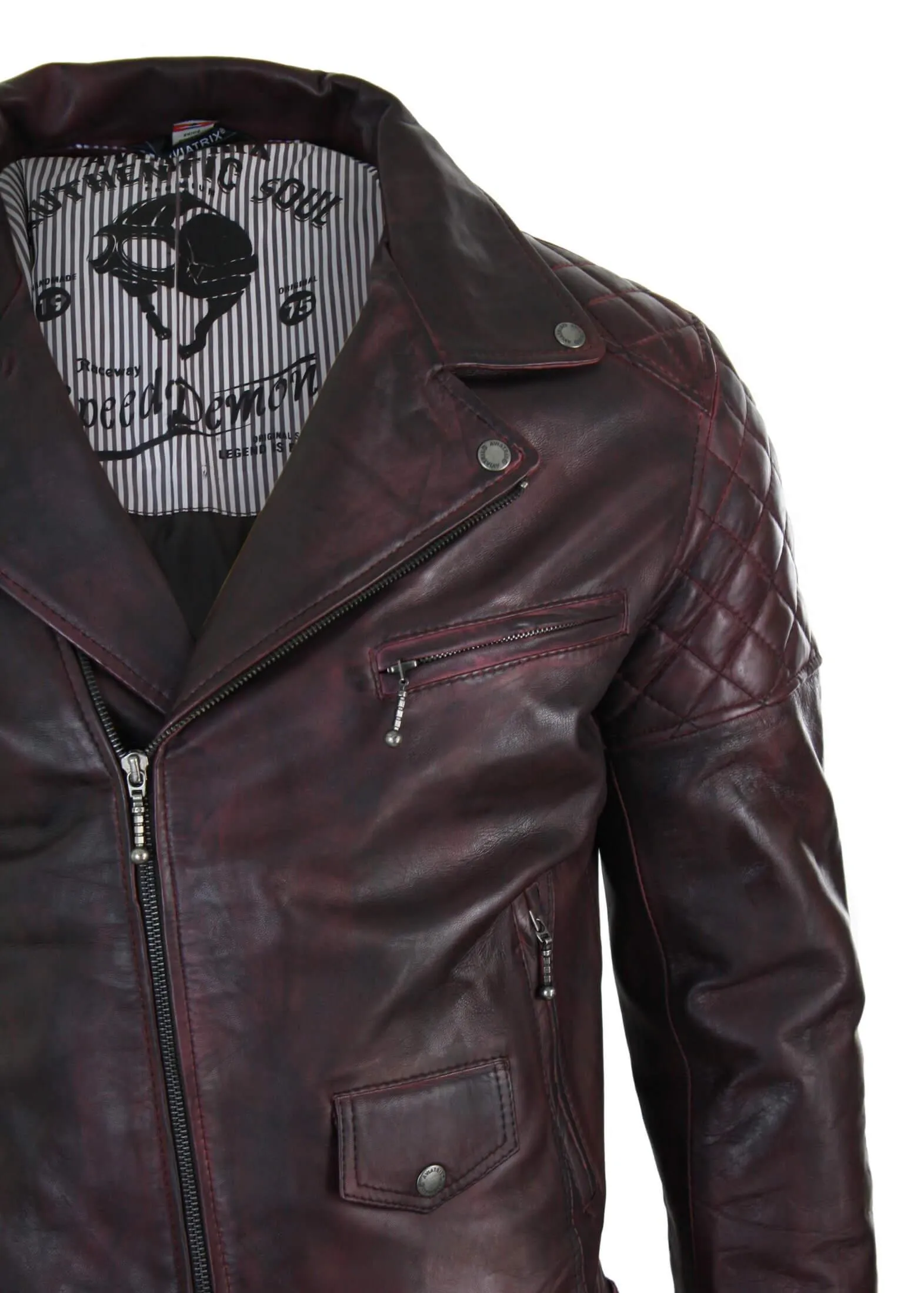 Men's Washed Brown Black Leather Biker Jacket Cross Zip sold by Tru Clothing product image thumbnail 5