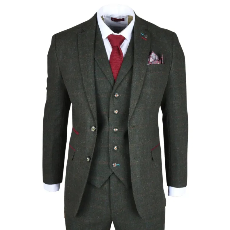Joshua - Men's 3 Piece Green Tweed Slim Fit Suit sold by Tru Clothing