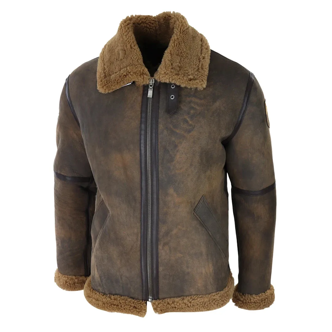 Men's Brown Distressed Sheepskin Flying Jacket Camel Fur Zipped Classic Winter sold by Tru Clothing product image thumbnail 3