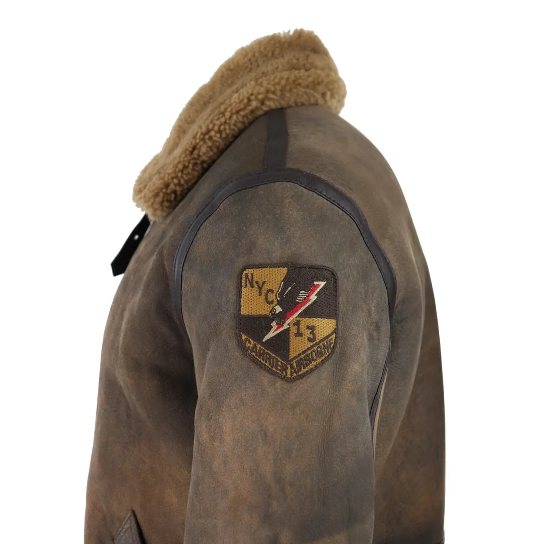 Men's Brown Distressed Sheepskin Flying Jacket Camel Fur Zipped Classic Winter sold by Tru Clothing product image thumbnail 4