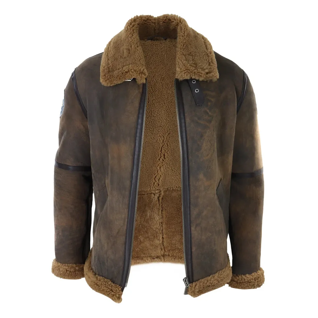 Men's Brown Distressed Sheepskin Flying Jacket Camel Fur Zipped Classic Winter sold by Tru Clothing product image thumbnail 2