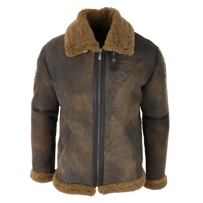 Men's Brown Distressed Sheepskin Flying Jacket Camel Fur Zipped Classic Winter sold by Tru Clothing