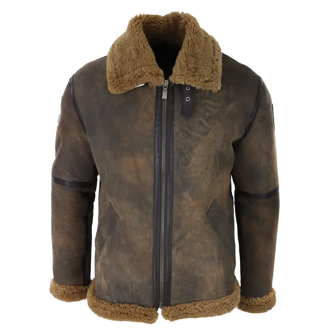 Men's Brown Distressed Sheepskin Flying Jacket Camel Fur Zipped Classic Winter sold by Tru Clothing