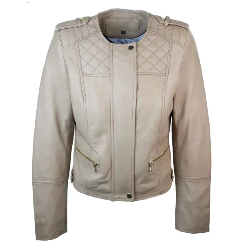 Women's Cream Biker Fitted Lambskin Leather Jacket sold by Tru Clothing