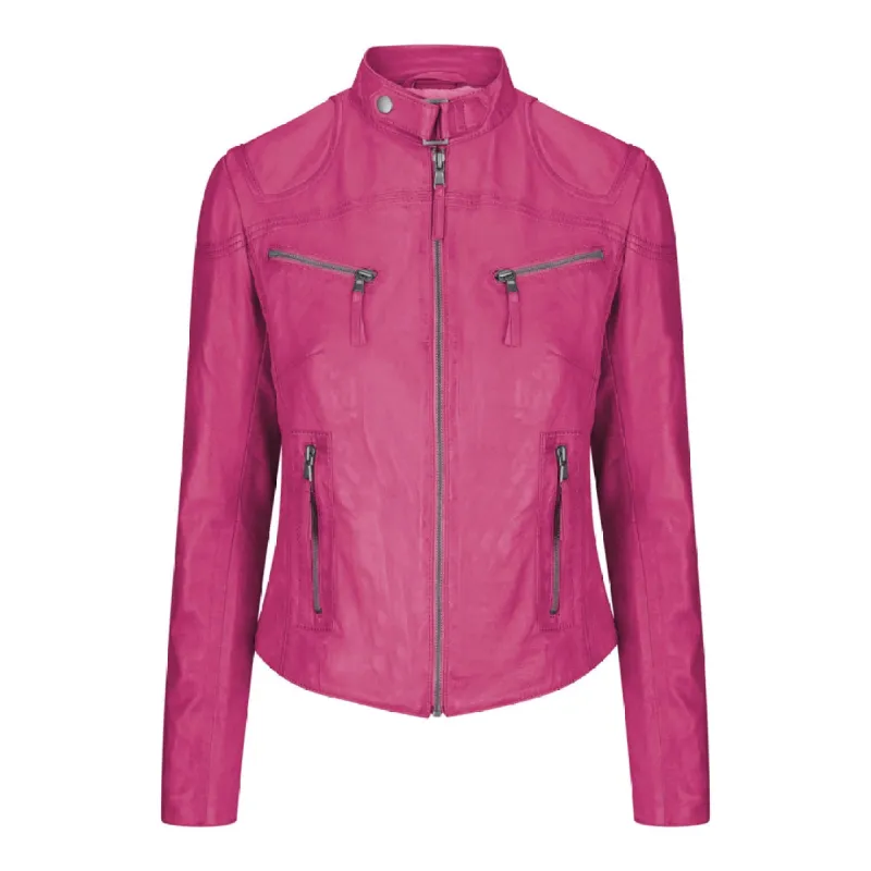 Women's Leather Fitted Biker Short Pink Jacket sold by Tru Clothing