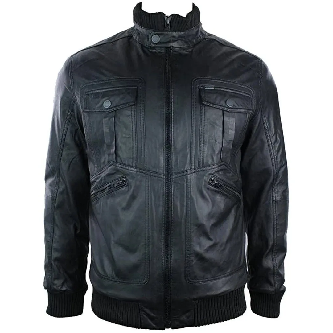 Men's Urban Leather Bomber Jacket High Collar Zipped Pockets Black sold by Tru Clothing