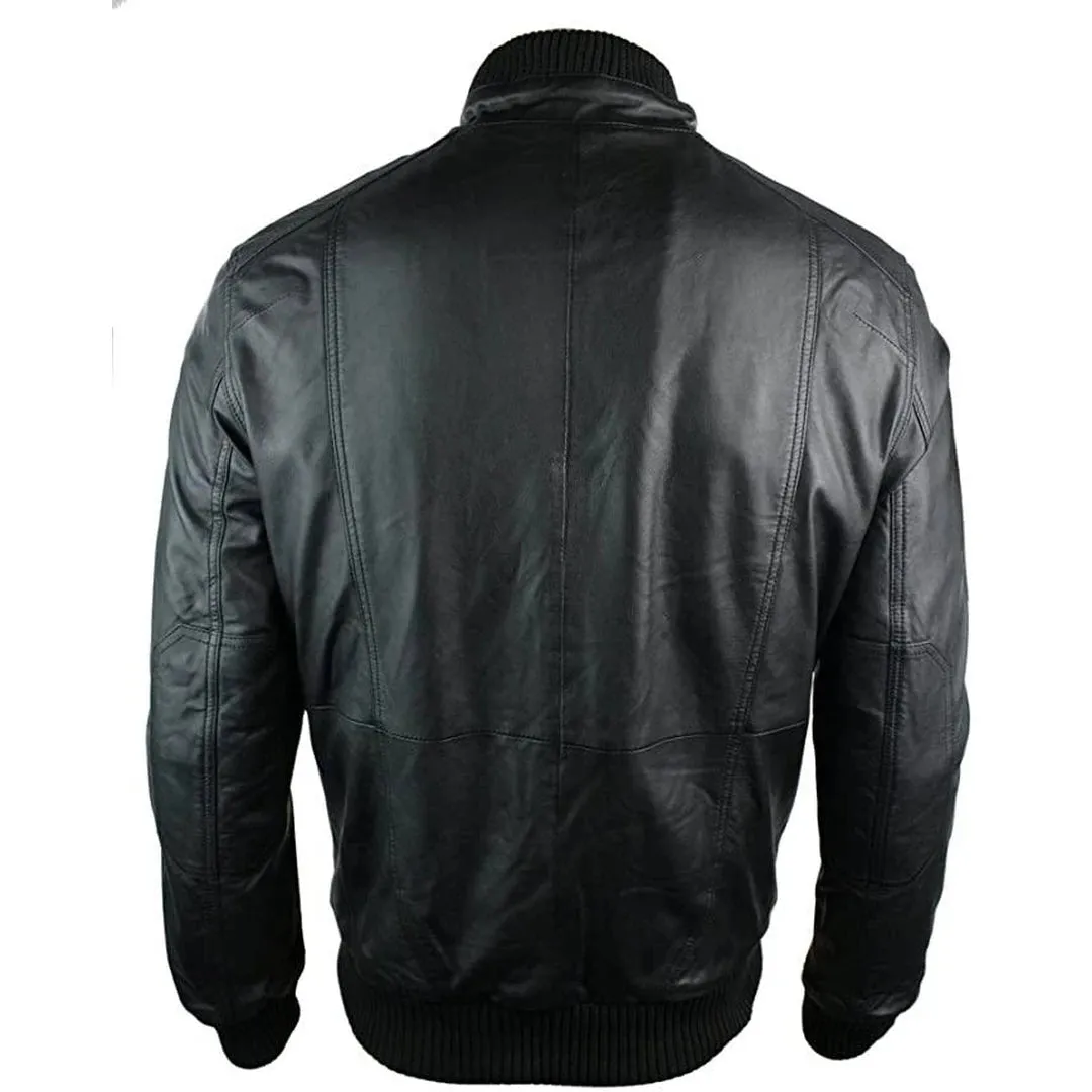 Men's Urban Leather Bomber Jacket High Collar Zipped Pockets Black sold by Tru Clothing product image thumbnail 4