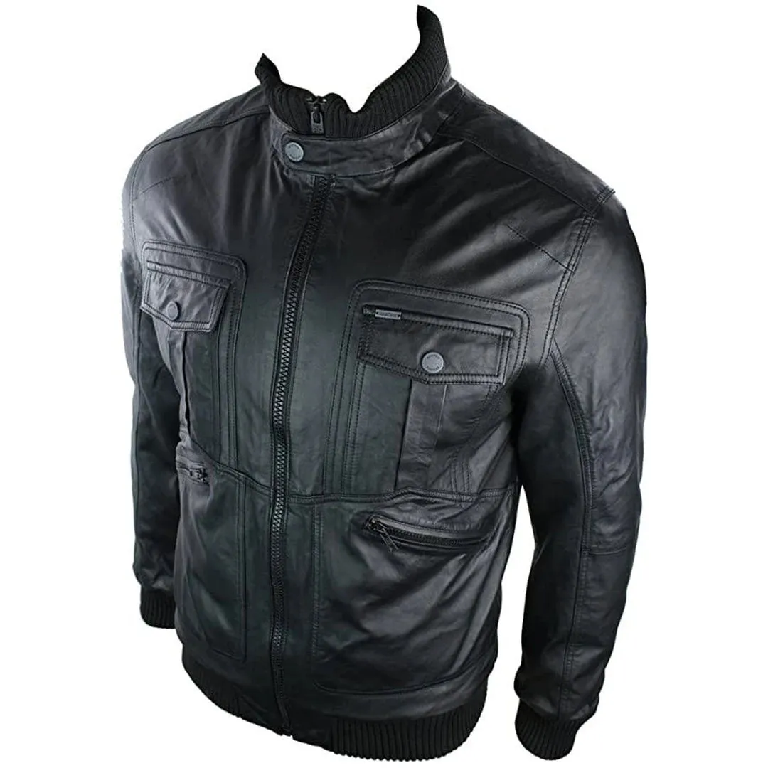 Men's Urban Leather Bomber Jacket High Collar Zipped Pockets Black sold by Tru Clothing product image thumbnail 3