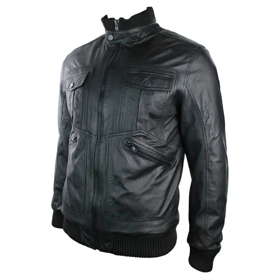 Men's Urban Leather Bomber Jacket High Collar Zipped Pockets Black sold by Tru Clothing product image thumbnail 2