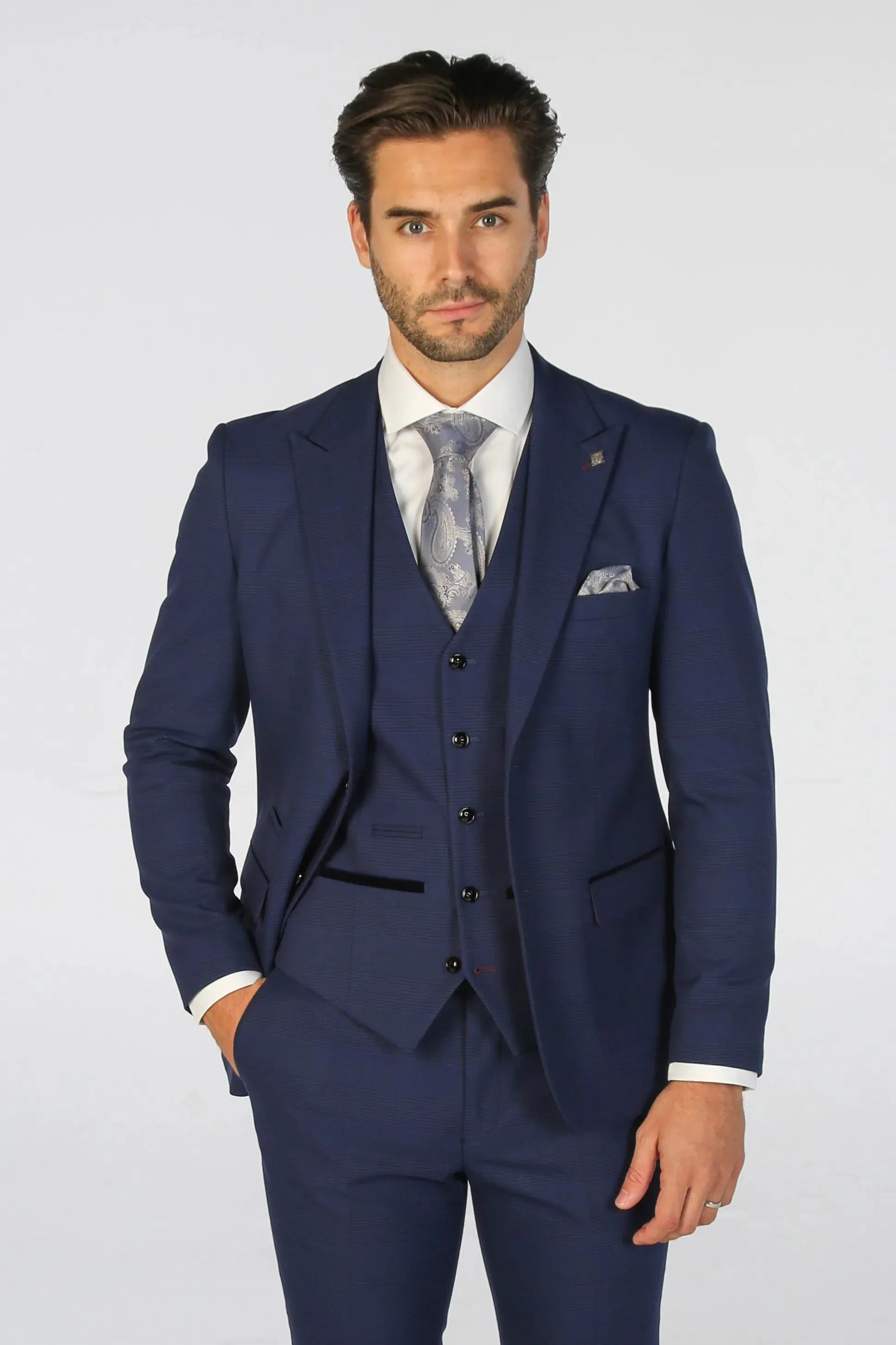 Mark - Men's Navy Blue Checked Tailored Fit Blazer sold by Tru Clothing