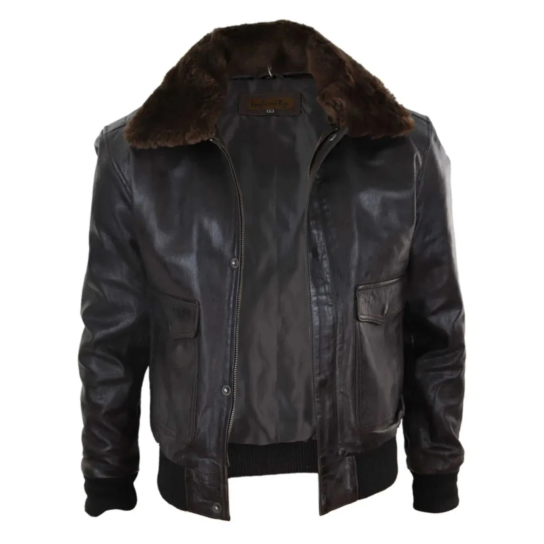 Men's Leather Aviator Bomber Jacket Removable Fur Collar Pilot Flying Jacket sold by Tru Clothing product image thumbnail 3