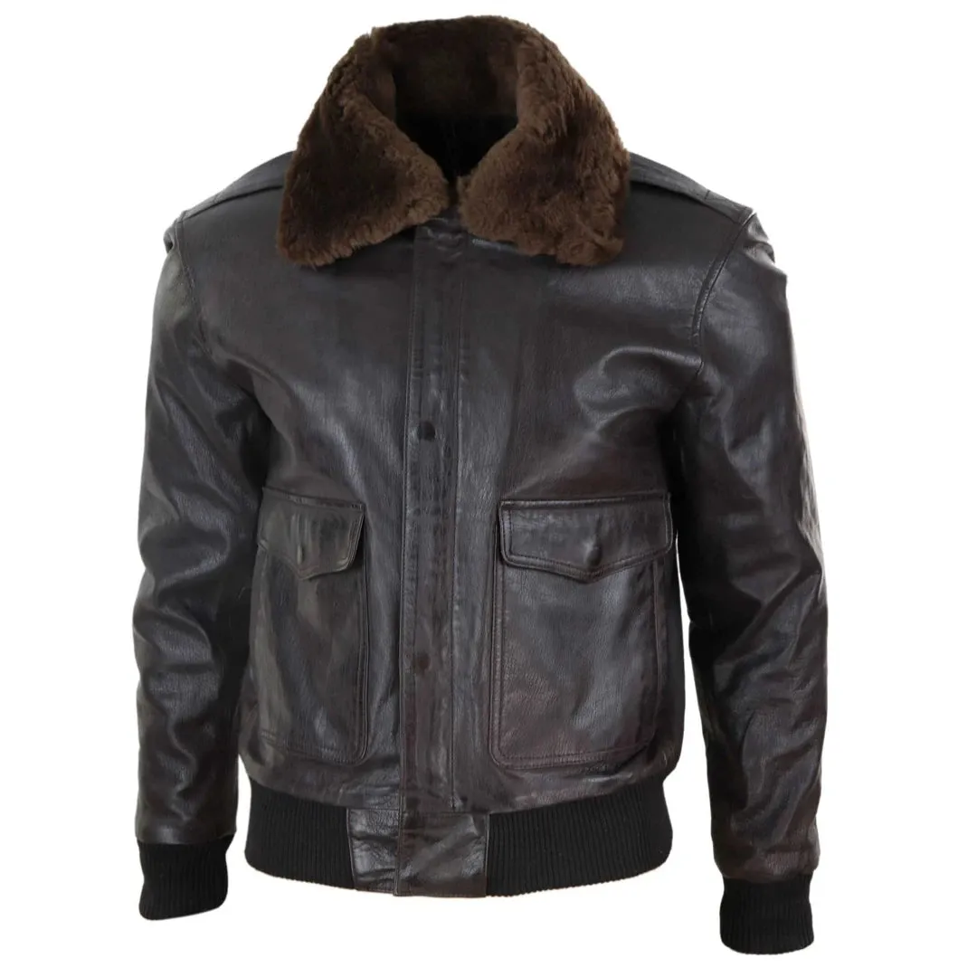 Men's Leather Aviator Bomber Jacket Removable Fur Collar Pilot Flying Jacket sold by Tru Clothing product image thumbnail 2