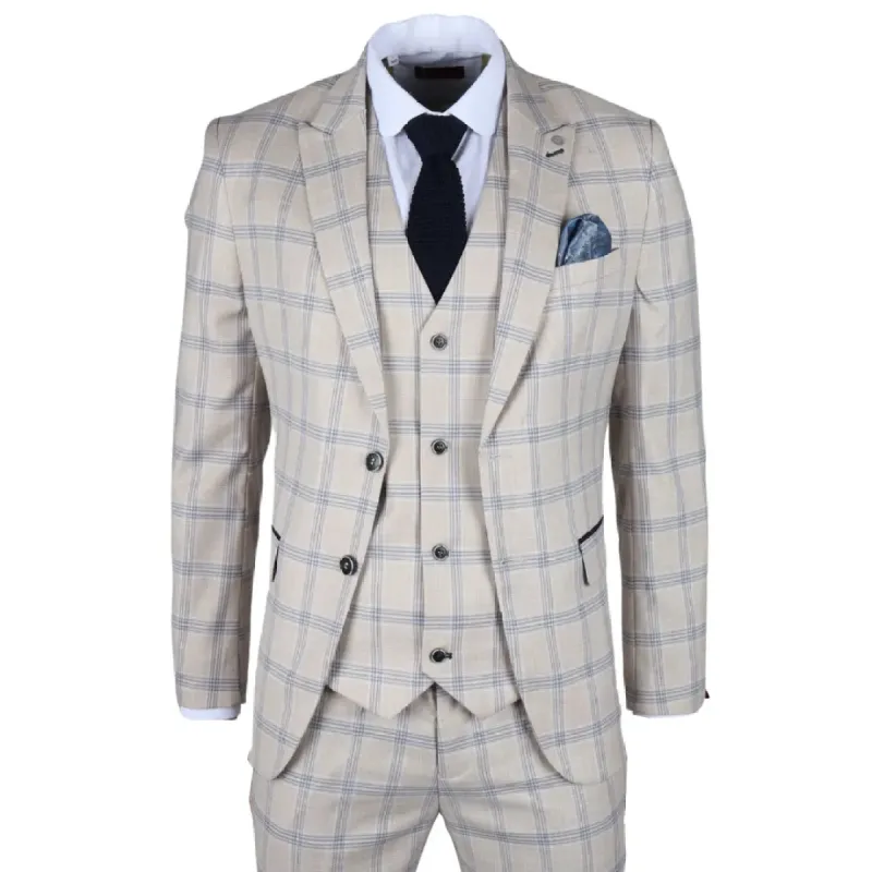 Warwick - Men's 3 Piece Beige Checked Suit sold by Tru Clothing