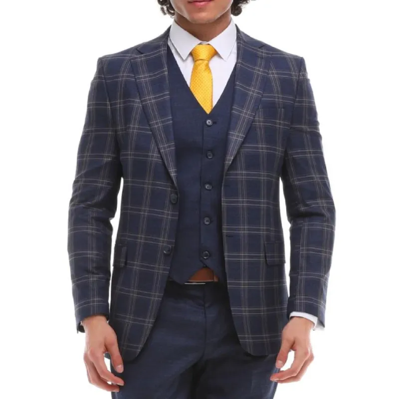BR23-K20 - Men's 3 Piece Suit Navy Blue Grey Brown Check Contrasting Waistcoat Trouser sold by Tru Clothing