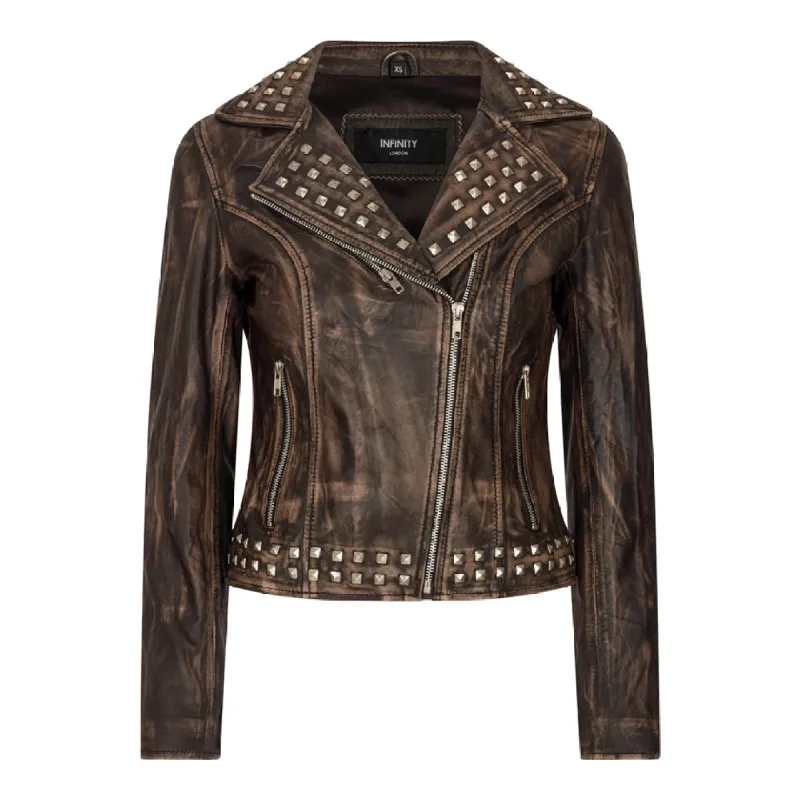 Women's Cross Zip Studded Brando Biker Leather Jacket sold by Tru Clothing