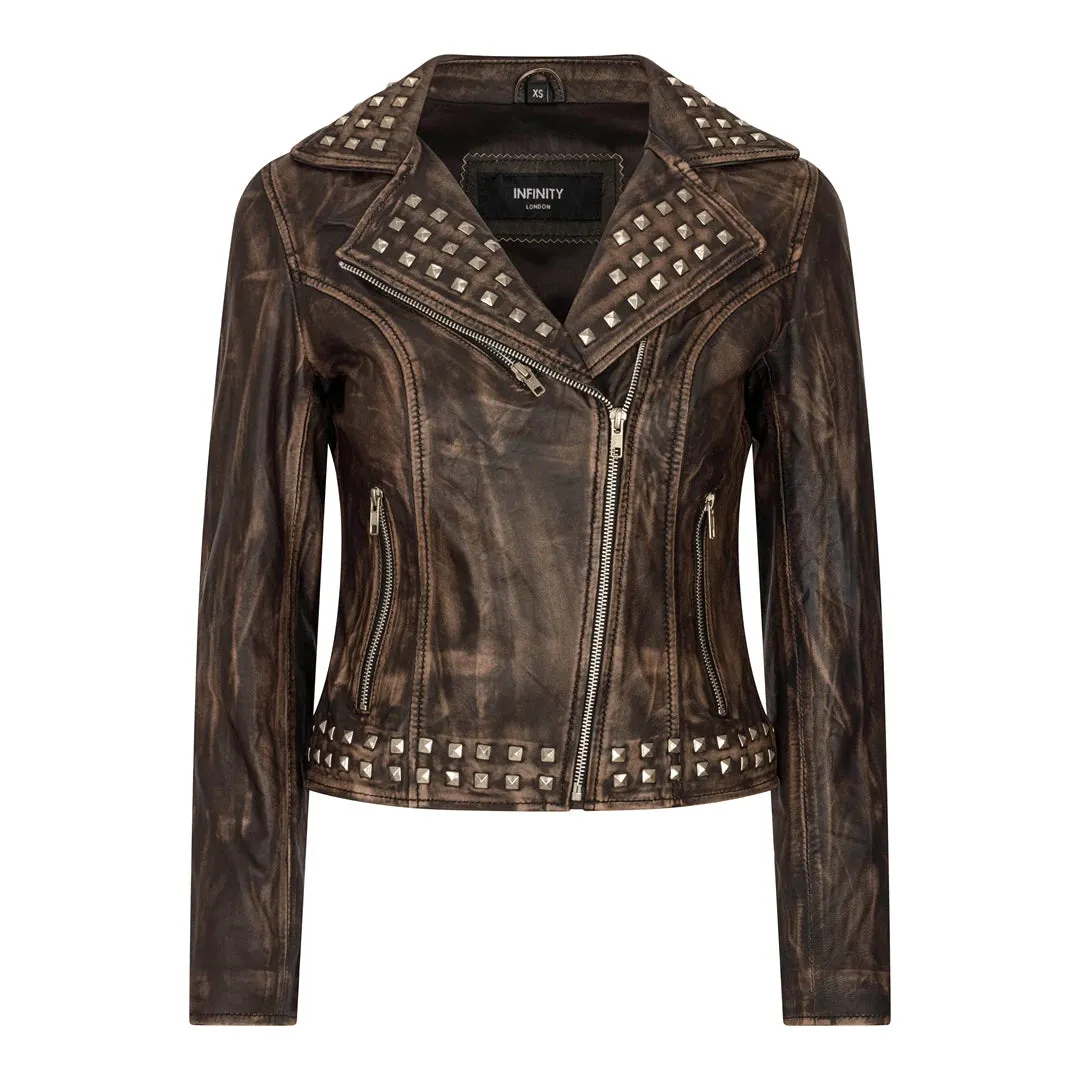 Women's Cross Zip Studded Brando Biker Leather Jacket sold by Tru Clothing