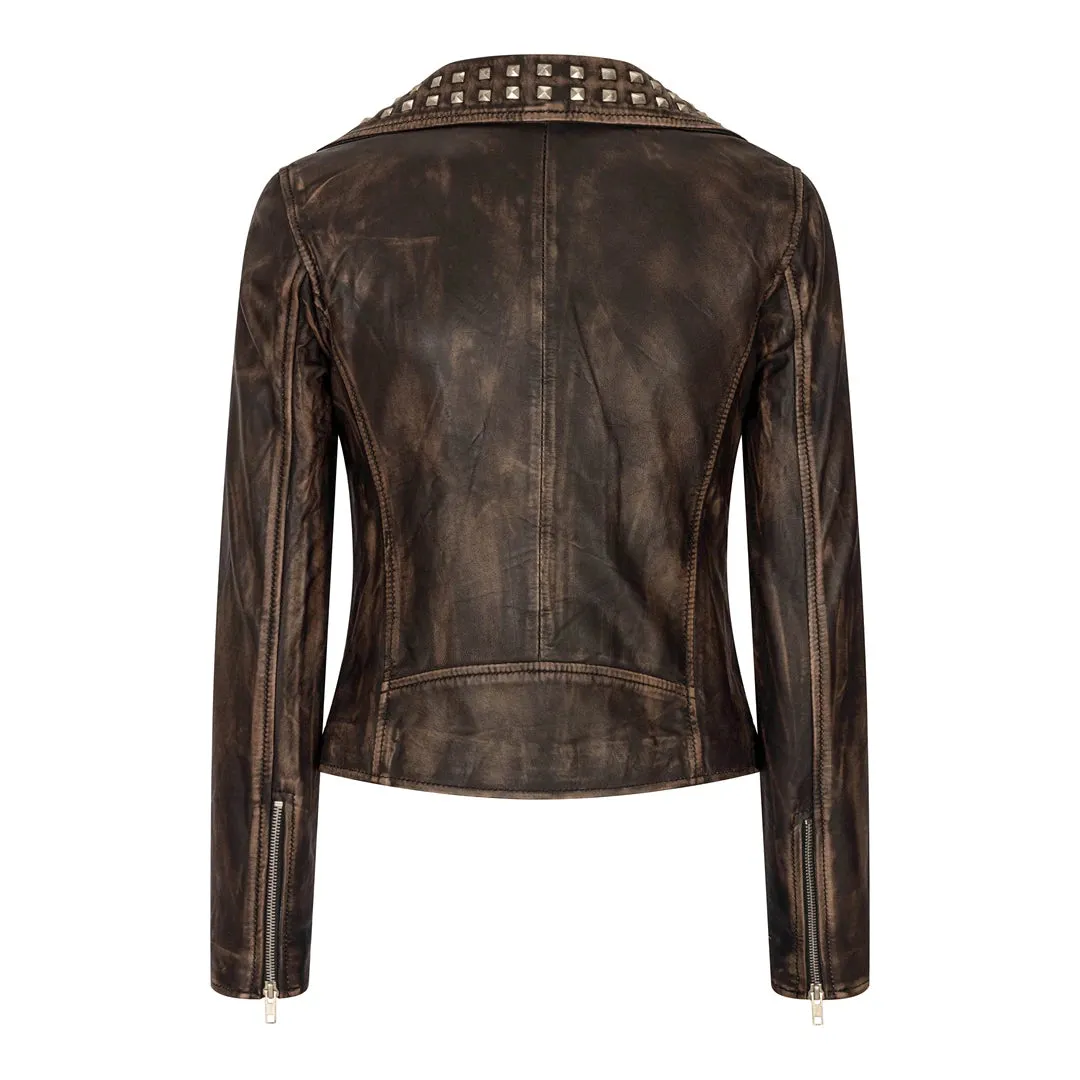 Women's Cross Zip Studded Brando Biker Leather Jacket sold by Tru Clothing product image thumbnail 3