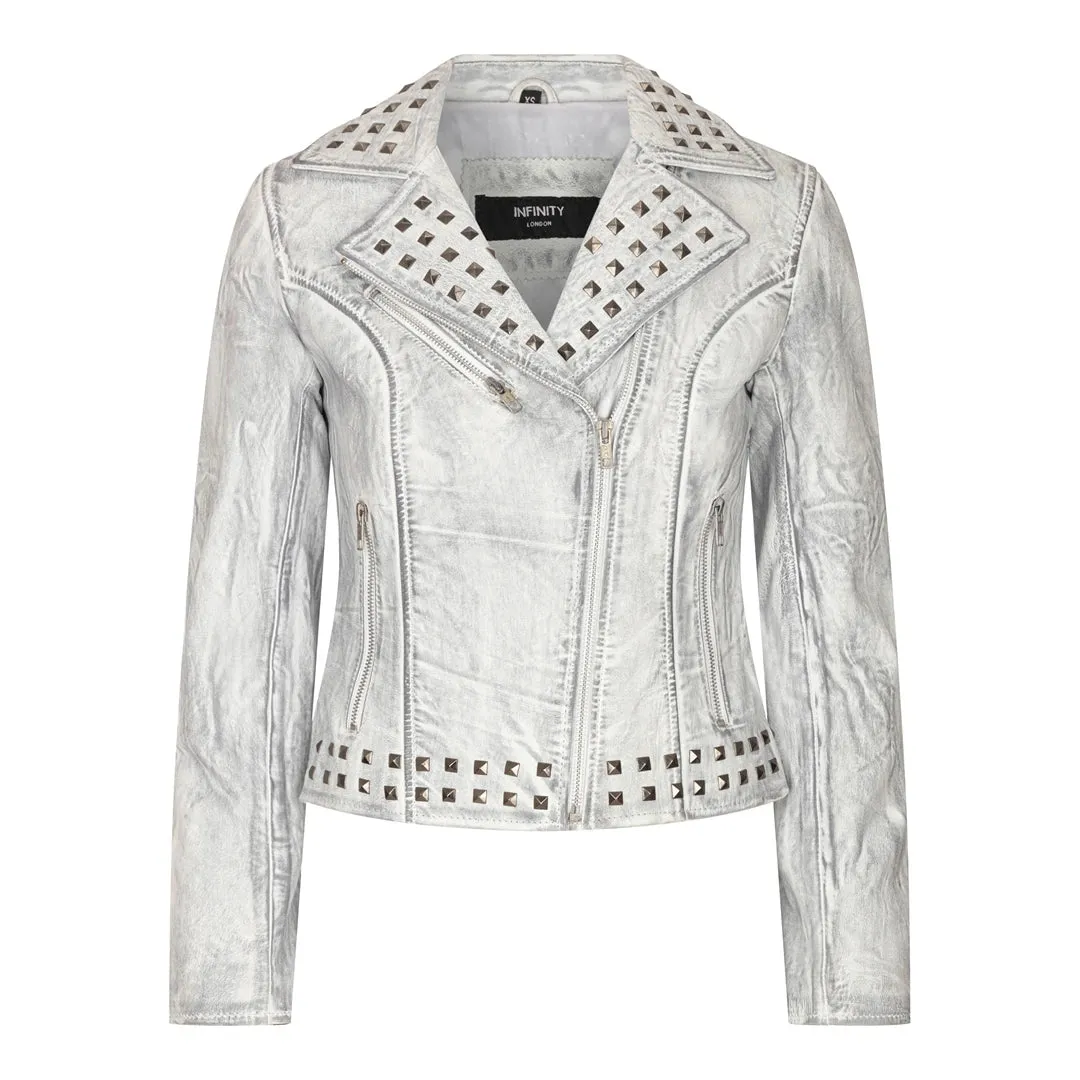 Women's Cross Zip Studded Brando Biker Leather Jacket sold by Tru Clothing product image thumbnail 5