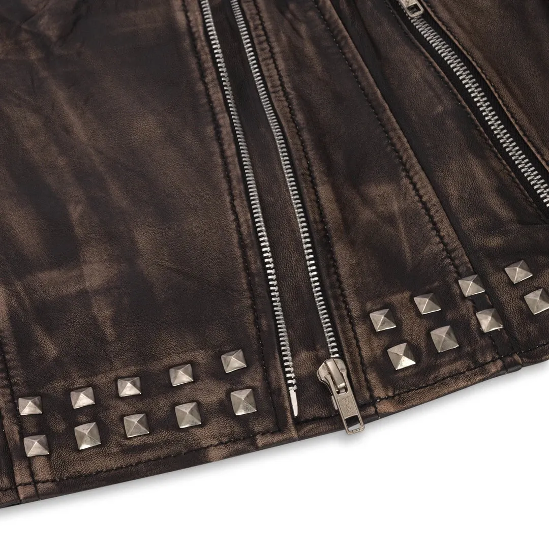 Women's Cross Zip Studded Brando Biker Leather Jacket sold by Tru Clothing product image thumbnail 4