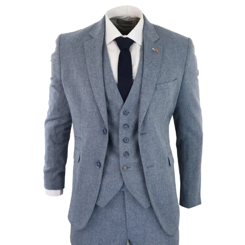 Wells - Men's 3 Piece Wool Suit Light Blue Tweed 1920s Classic 4 Pocket Waistcoat sold by Tru Clothing