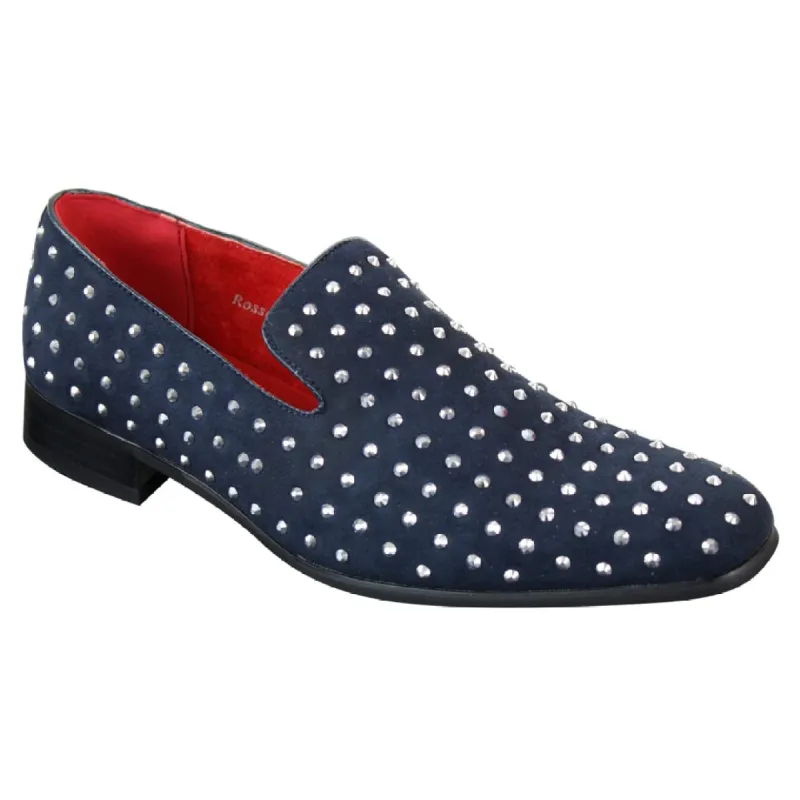 Mens Suede Slip On Loafers Shoes Stud Spikes Silver Smart Casual Shiny Party Navy Blue sold by Tru Clothing