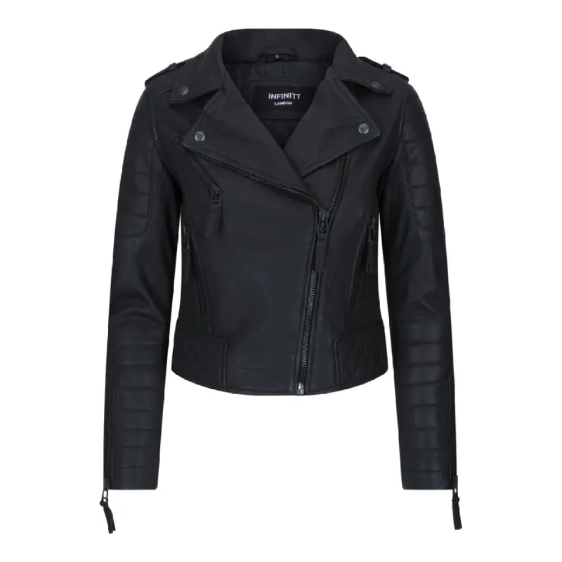 Women's Cross Zip Biker Leather Jacket Brando Matt Black Motorbike sold by Tru Clothing