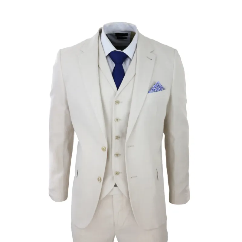 57047 - Men's 3 Piece Linen Suit Summer Breathable Wedding Cotton Cream Beige sold by Tru Clothing