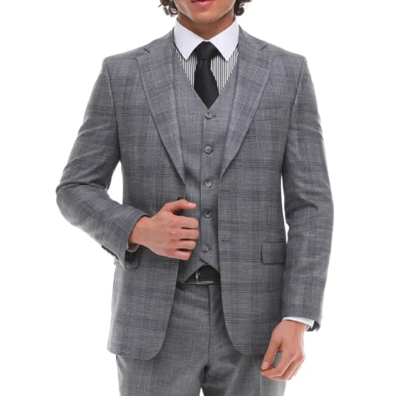 BR23-K10 - Men's 3 Piece Suit Grey Blue Check Contrasting Waistcoat & Trouser sold by Tru Clothing