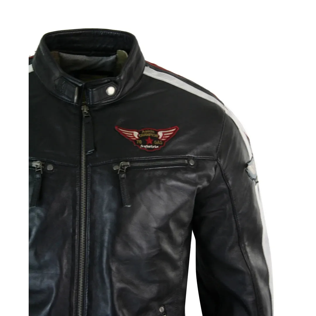 Men's Black Leather Racing Biker Jacket Zipped Short Red White Stripes Badge sold by Tru Clothing product image thumbnail 4