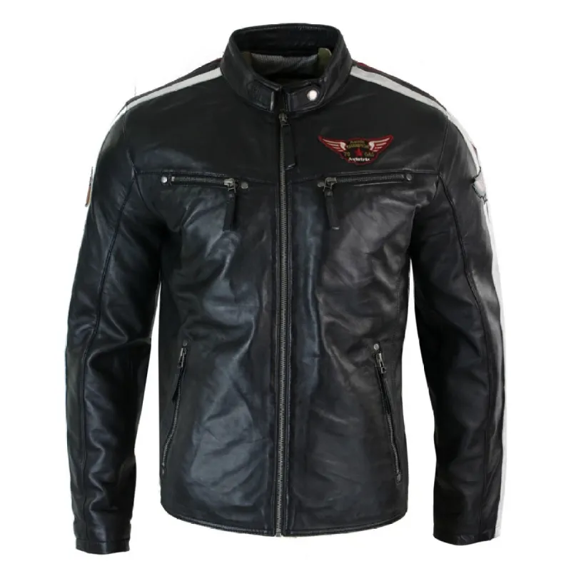 Men's Black Leather Racing Biker Jacket Zipped Short Red White Stripes Badge sold by Tru Clothing