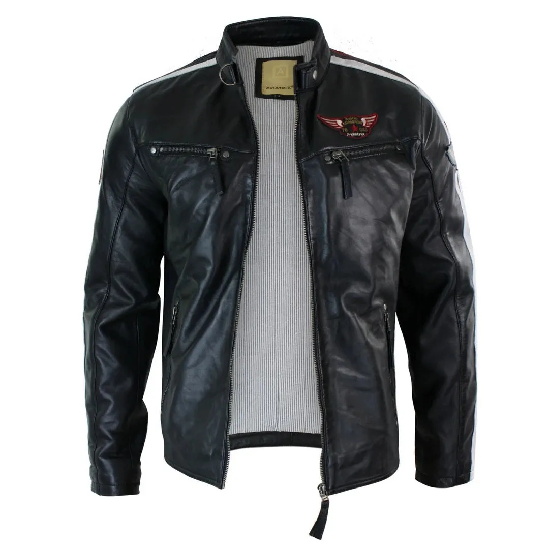 Men's Black Leather Racing Biker Jacket Zipped Short Red White Stripes Badge sold by Tru Clothing product image thumbnail 3